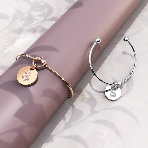 Fancy Alphabet Letter Initial Bangle in Rose Gold -A